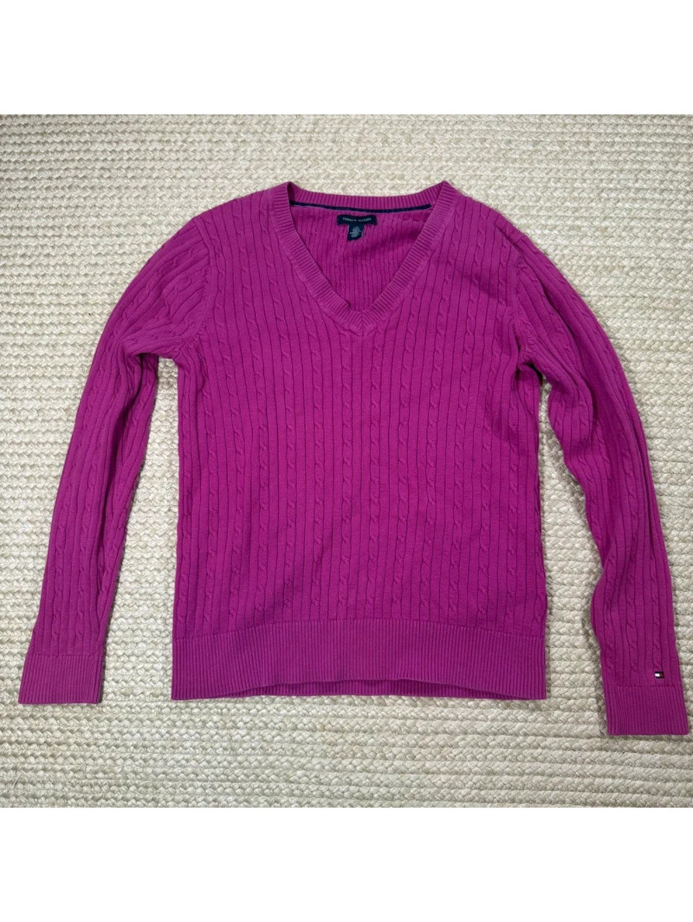 Tommy Hilfiger Purple Cable-Knit V-Neck Pullover Sweater Cotton Women's Size L